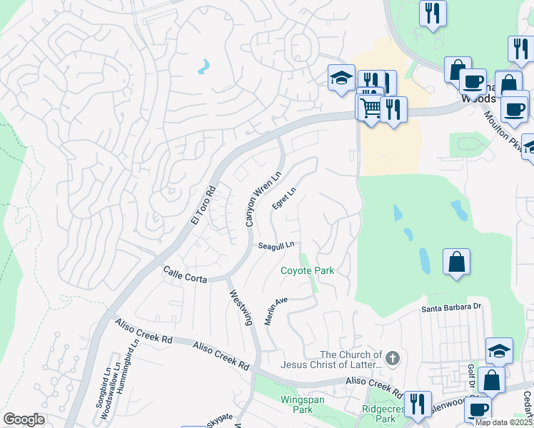 map of restaurants, bars, coffee shops, grocery stores, and more near 47 Egret Lane in Aliso Viejo