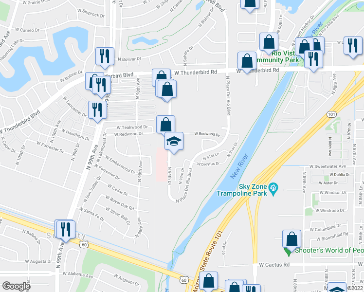 map of restaurants, bars, coffee shops, grocery stores, and more near 13215 North 94th Drive in Peoria