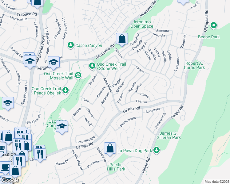 map of restaurants, bars, coffee shops, grocery stores, and more near 27891 Encanto in Mission Viejo
