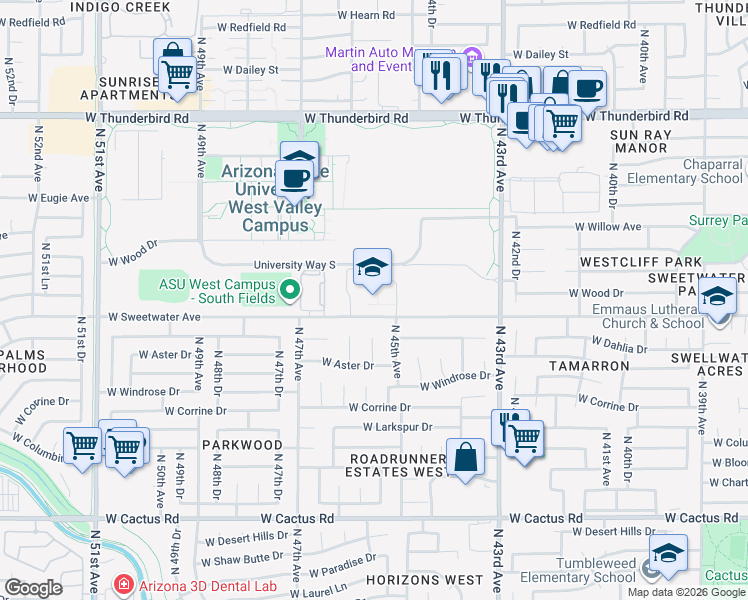 map of restaurants, bars, coffee shops, grocery stores, and more near 4602 West Sweetwater Avenue in Glendale