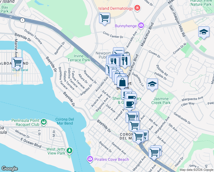 map of restaurants, bars, coffee shops, grocery stores, and more near 701 1/2 Acacia Avenue in Newport Beach