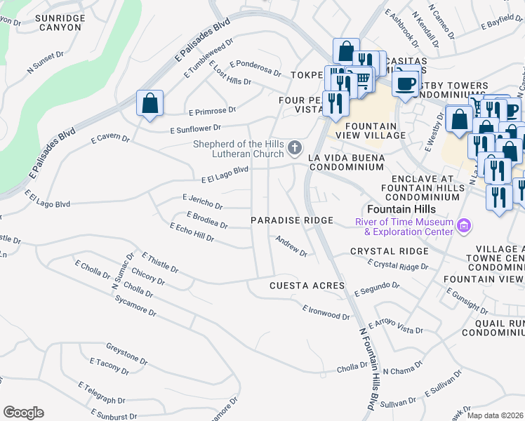 map of restaurants, bars, coffee shops, grocery stores, and more near 13023 Mountainside Drive in Fountain Hills