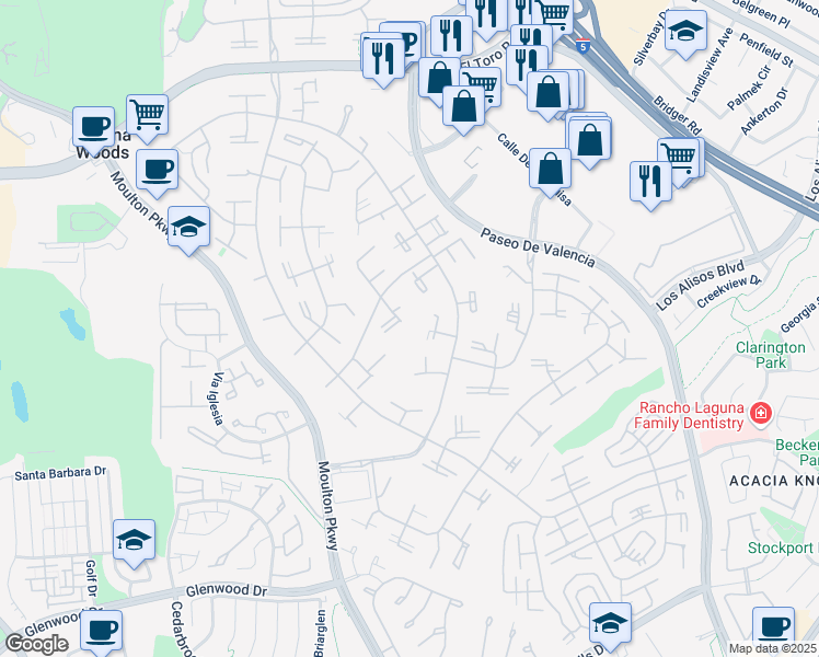 map of restaurants, bars, coffee shops, grocery stores, and more near in Laguna Hills