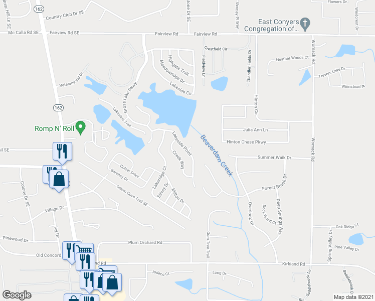 map of restaurants, bars, coffee shops, grocery stores, and more near 1 Waters Court in Covington