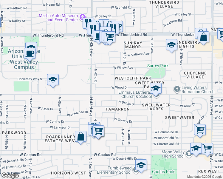 map of restaurants, bars, coffee shops, grocery stores, and more near 4126 West Wood Drive in Phoenix