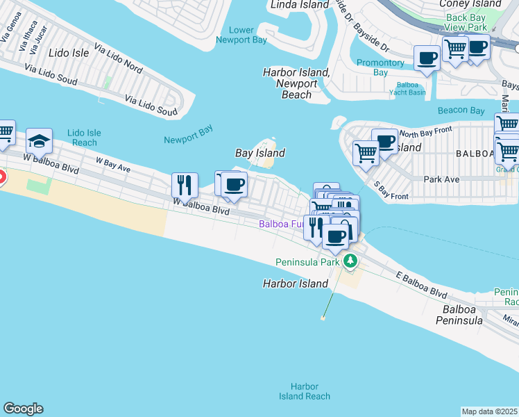 map of restaurants, bars, coffee shops, grocery stores, and more near 123 East Bay Avenue in Newport Beach