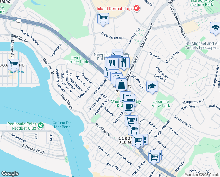 map of restaurants, bars, coffee shops, grocery stores, and more near 701 1/2 Acacia Avenue in Newport Beach