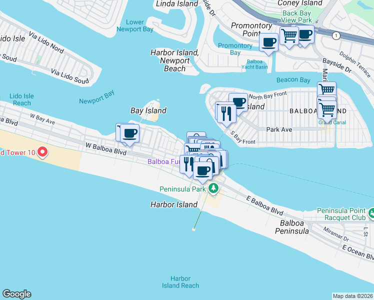 map of restaurants, bars, coffee shops, grocery stores, and more near 409 Edgewater Place in Newport Beach