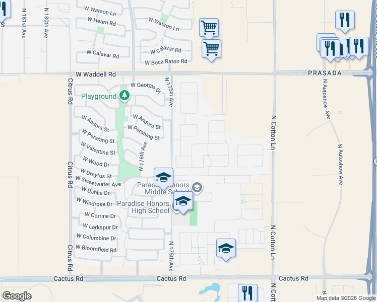map of restaurants, bars, coffee shops, grocery stores, and more near 17431 West Pershing Street in Surprise