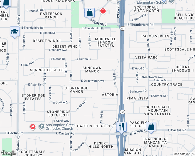 map of restaurants, bars, coffee shops, grocery stores, and more near 8602 East Sweetwater Avenue in Scottsdale