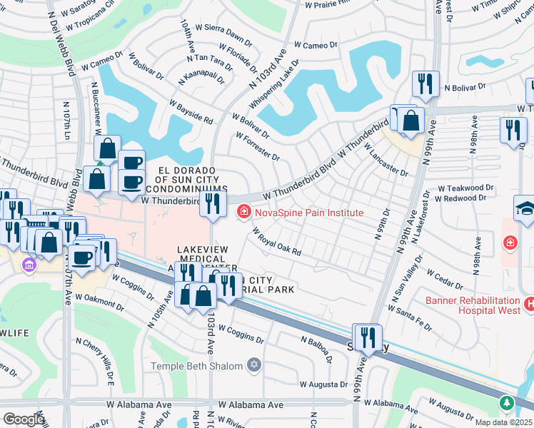 map of restaurants, bars, coffee shops, grocery stores, and more near 10060 West Royal Oak Road in Sun City