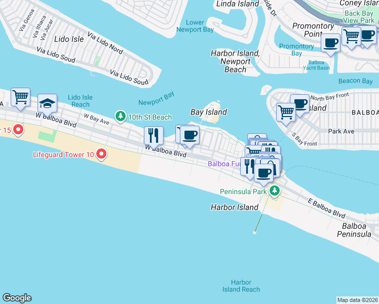 map of restaurants, bars, coffee shops, grocery stores, and more near 104 East Bay Avenue in Newport Beach
