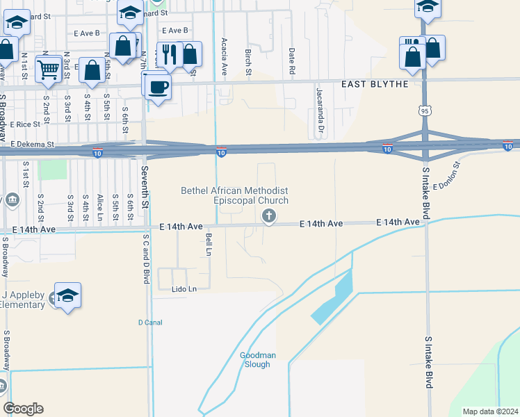 map of restaurants, bars, coffee shops, grocery stores, and more near 480 River Valley Avenue in Blythe