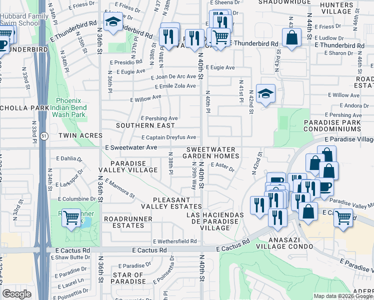 map of restaurants, bars, coffee shops, grocery stores, and more near 3902 East Sweetwater Avenue in Phoenix