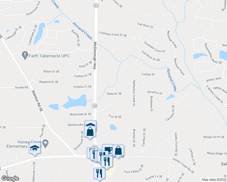map of restaurants, bars, coffee shops, grocery stores, and more near 1038 Duke Drive Southeast in Conyers