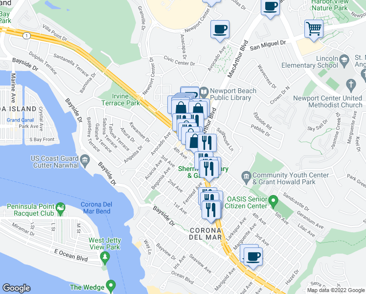 map of restaurants, bars, coffee shops, grocery stores, and more near 709 Begonia Avenue in Newport Beach