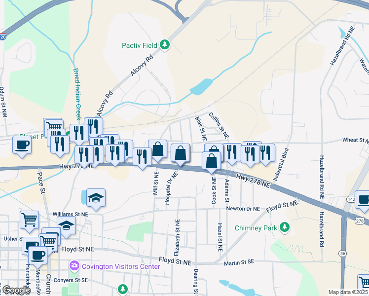 map of restaurants, bars, coffee shops, grocery stores, and more near 5108 Hackett Street Northeast in Covington
