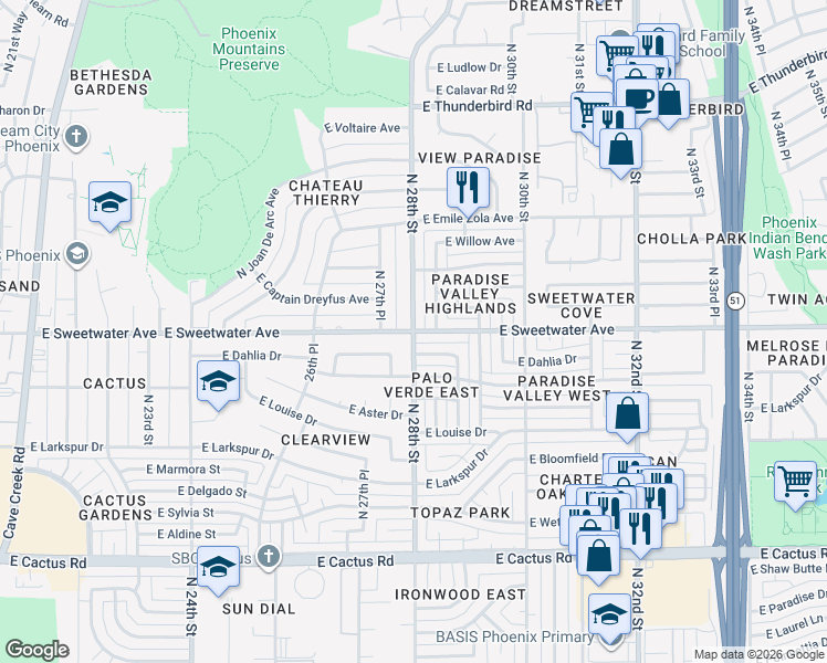 map of restaurants, bars, coffee shops, grocery stores, and more near E Sweetwater Ave & N 28th St in Phoenix