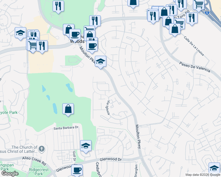 map of restaurants, bars, coffee shops, grocery stores, and more near 23485 Via Jacinto in Laguna Hills