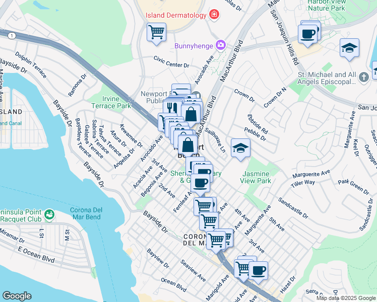 map of restaurants, bars, coffee shops, grocery stores, and more near 2137 Miramar Drive in Newport Beach