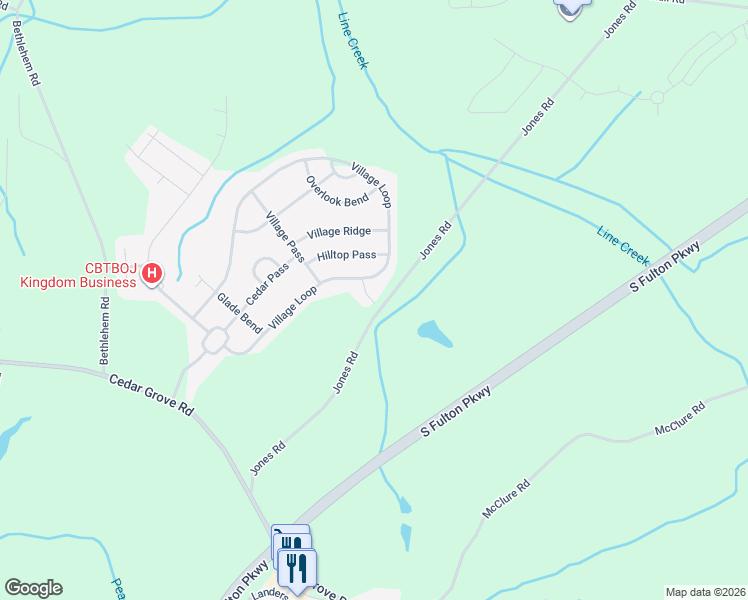 map of restaurants, bars, coffee shops, grocery stores, and more near 5765 Village Loop in Fairburn