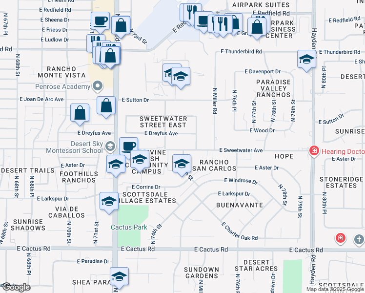 map of restaurants, bars, coffee shops, grocery stores, and more near 7518 East Sweetwater Avenue in Scottsdale