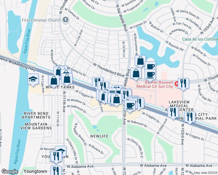 map of restaurants, bars, coffee shops, grocery stores, and more near 10749 West Santa Fe Drive in Sun City