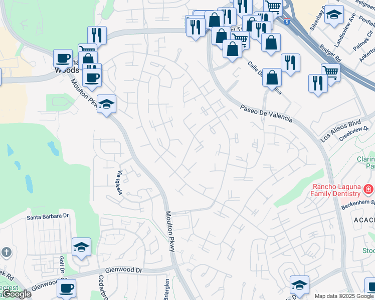 map of restaurants, bars, coffee shops, grocery stores, and more near 412 Avenida Castilla in Laguna Woods