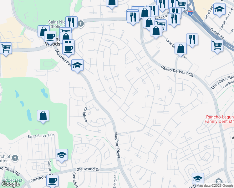 map of restaurants, bars, coffee shops, grocery stores, and more near 24602 Avenida Castilla in Laguna Woods