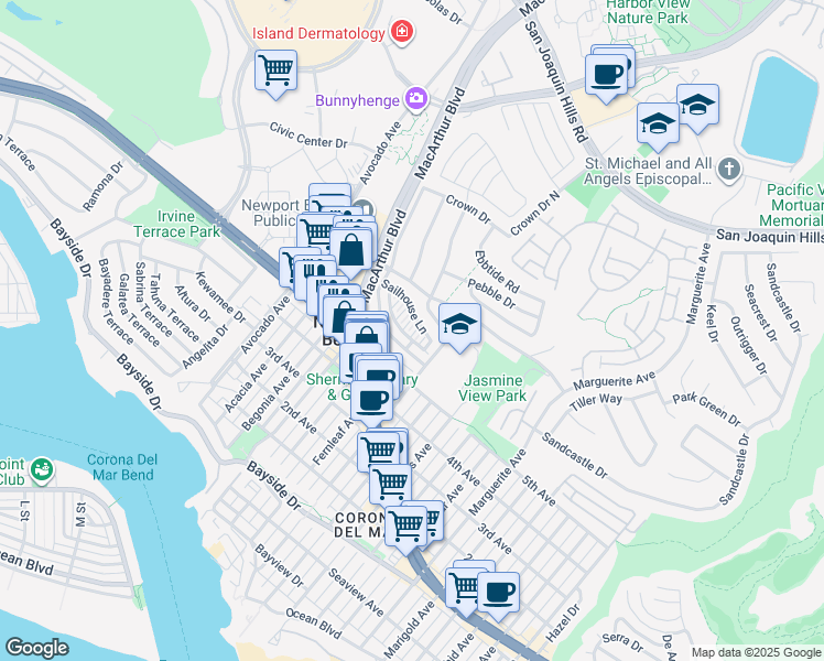 map of restaurants, bars, coffee shops, grocery stores, and more near 2606 Bungalow Place in Newport Beach