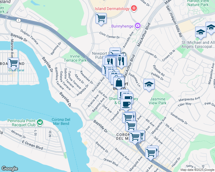 map of restaurants, bars, coffee shops, grocery stores, and more near 701 1/2 Acacia Avenue in Newport Beach