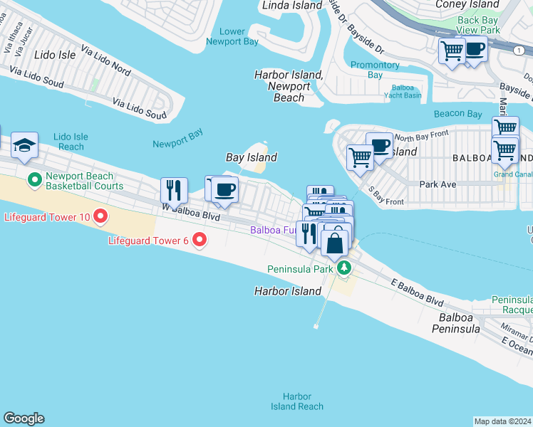 map of restaurants, bars, coffee shops, grocery stores, and more near 304 Medina Way in Newport Beach