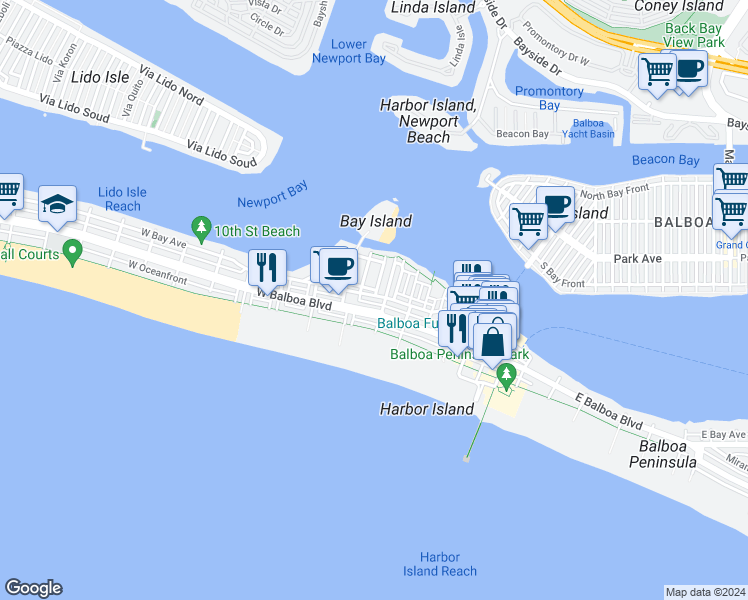 map of restaurants, bars, coffee shops, grocery stores, and more near 304 Medina Way in Newport Beach