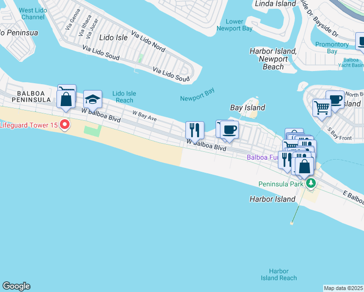 map of restaurants, bars, coffee shops, grocery stores, and more near 110 8th Street in Newport Beach