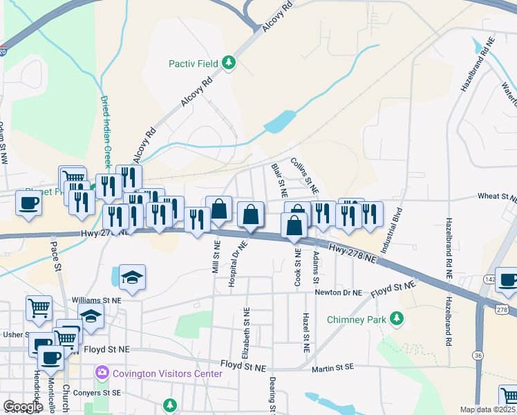 map of restaurants, bars, coffee shops, grocery stores, and more near 5108 Hackett Street Northeast in Covington
