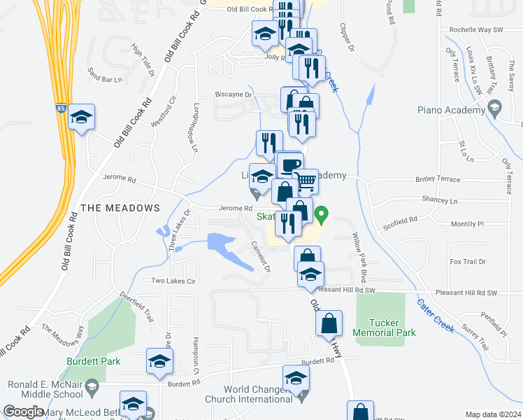 map of restaurants, bars, coffee shops, grocery stores, and more near 2591 Jerome Road in Atlanta