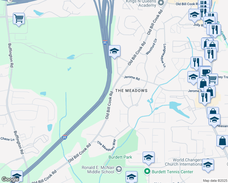 map of restaurants, bars, coffee shops, grocery stores, and more near 5550 Old Bill Cook Road in Atlanta