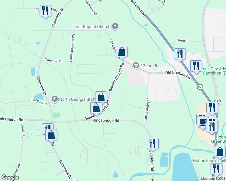 map of restaurants, bars, coffee shops, grocery stores, and more near 122 Beulah Church Road in Carrollton
