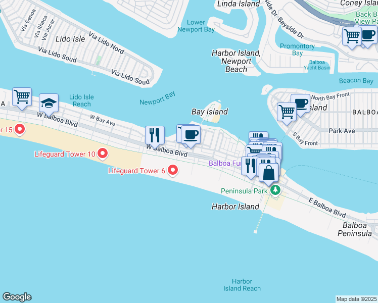 map of restaurants, bars, coffee shops, grocery stores, and more near 504 West Balboa Boulevard in Newport Beach