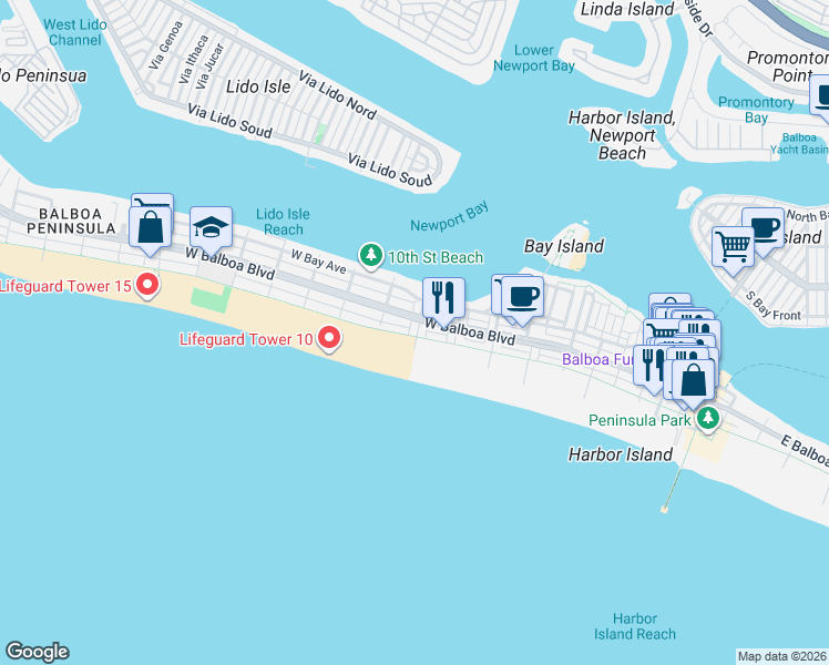 map of restaurants, bars, coffee shops, grocery stores, and more near 800 West Oceanfront in Newport Beach