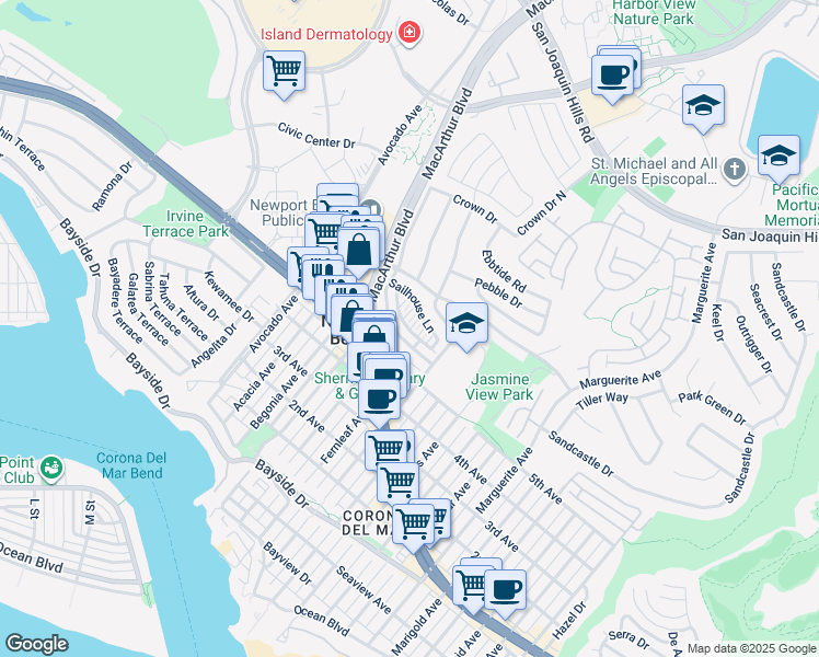 map of restaurants, bars, coffee shops, grocery stores, and more near 2721 Bungalow Place in Newport Beach