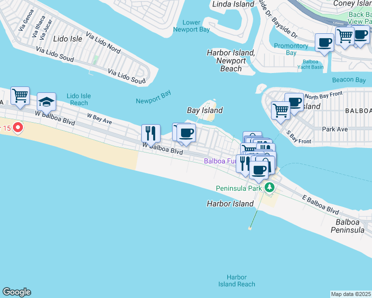 map of restaurants, bars, coffee shops, grocery stores, and more near 502 West Balboa Boulevard in Newport Beach