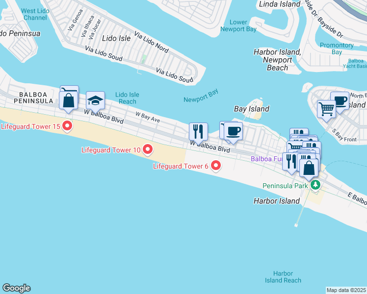 map of restaurants, bars, coffee shops, grocery stores, and more near 808 West Oceanfront in Newport Beach