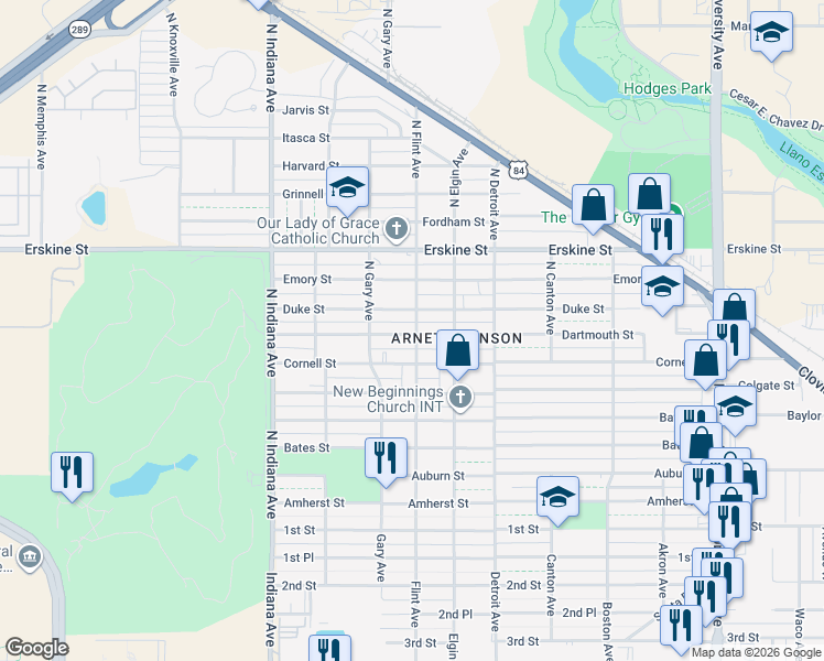 map of restaurants, bars, coffee shops, grocery stores, and more near 3109 Duke Street in Lubbock