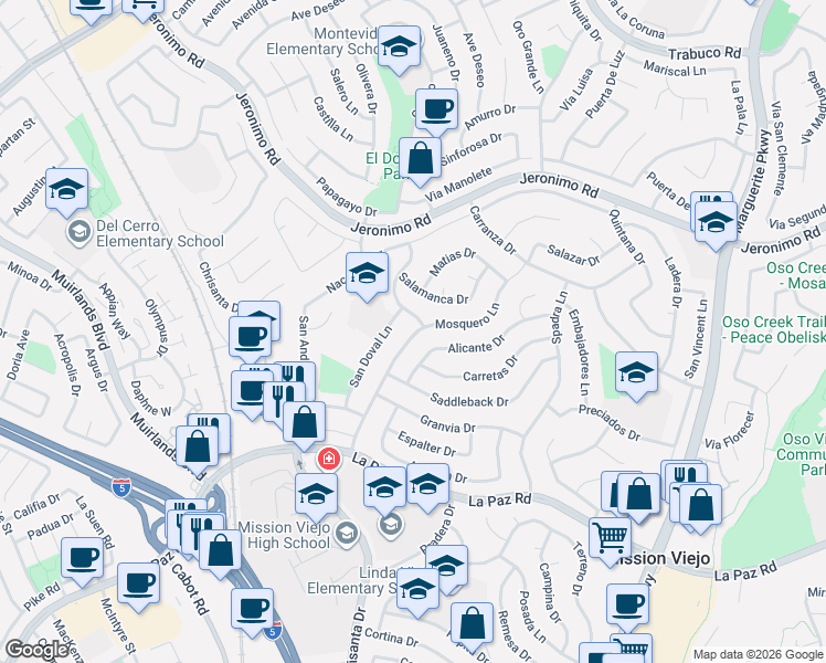 map of restaurants, bars, coffee shops, grocery stores, and more near 24661 Mosquero Lane in Mission Viejo