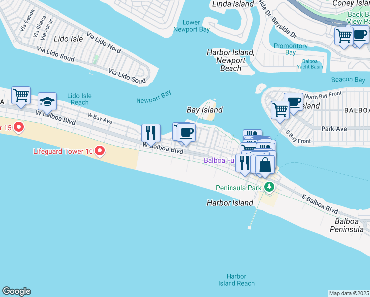 map of restaurants, bars, coffee shops, grocery stores, and more near 504 West Balboa Boulevard in Newport Beach