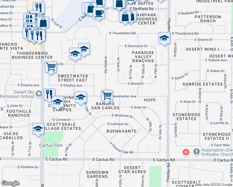 map of restaurants, bars, coffee shops, grocery stores, and more near 7632 East Sweetwater Avenue in Scottsdale