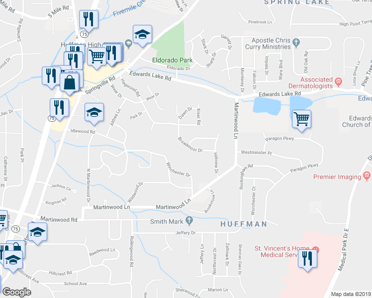 map of restaurants, bars, coffee shops, grocery stores, and more near 1001 Broadmoor Drive in Birmingham