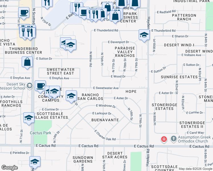 map of restaurants, bars, coffee shops, grocery stores, and more near 7656 East Sweetwater Avenue in Scottsdale