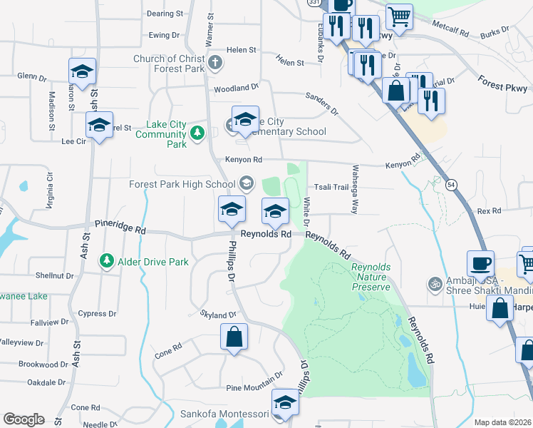 map of restaurants, bars, coffee shops, grocery stores, and more near 5500 Reynolds Road in Forest Park